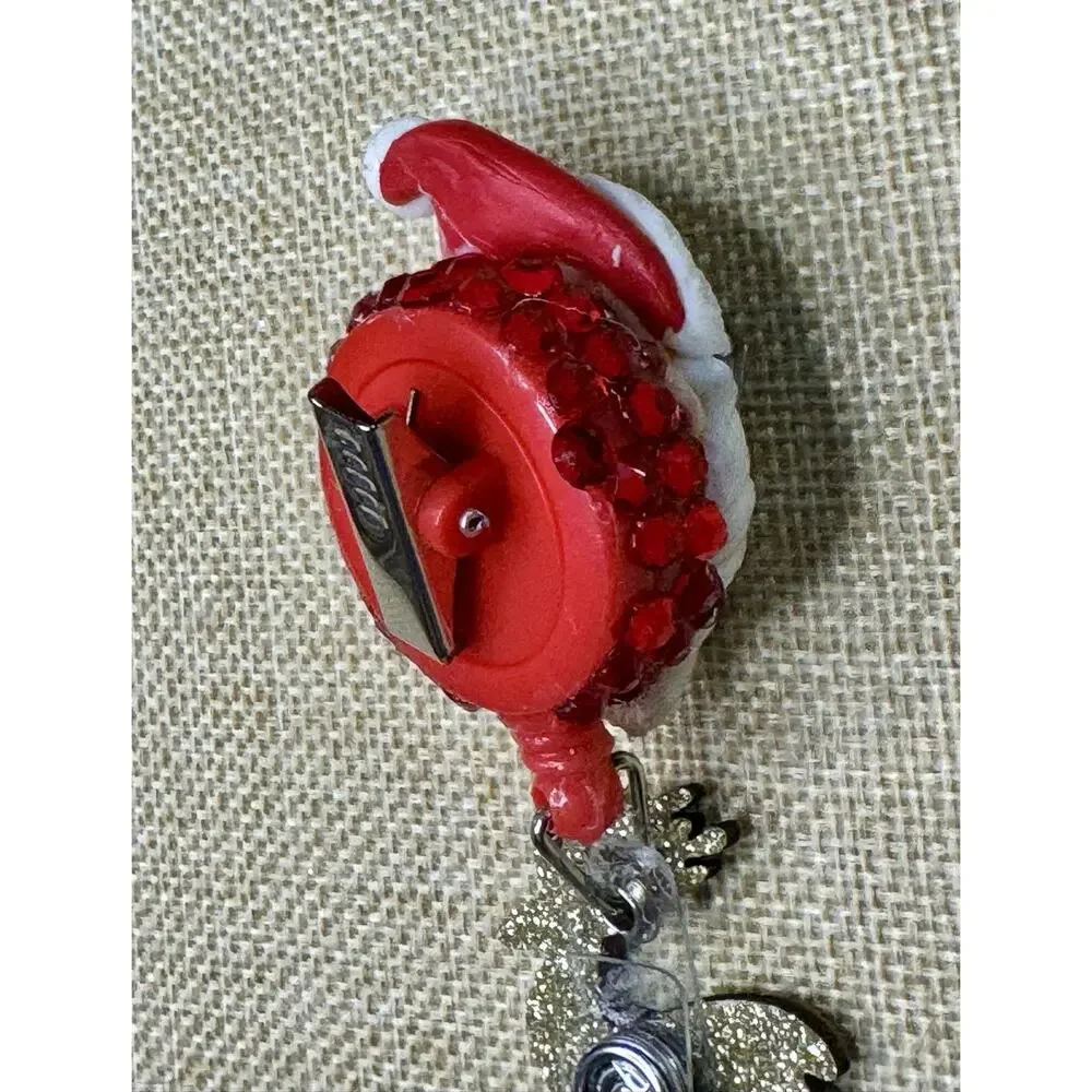 Santa With Glasses Handmade Badge Reel With Red Rhinestones On Alligator Clip